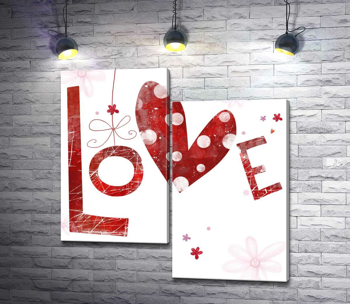 модульная картина Пятнистое сердечко украшает надпись "love" (Модуль №9)