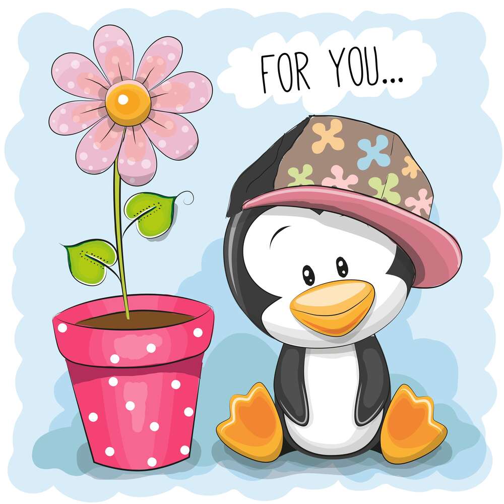 картина-постер Милый пингвин дарит вазон с розовым цветком