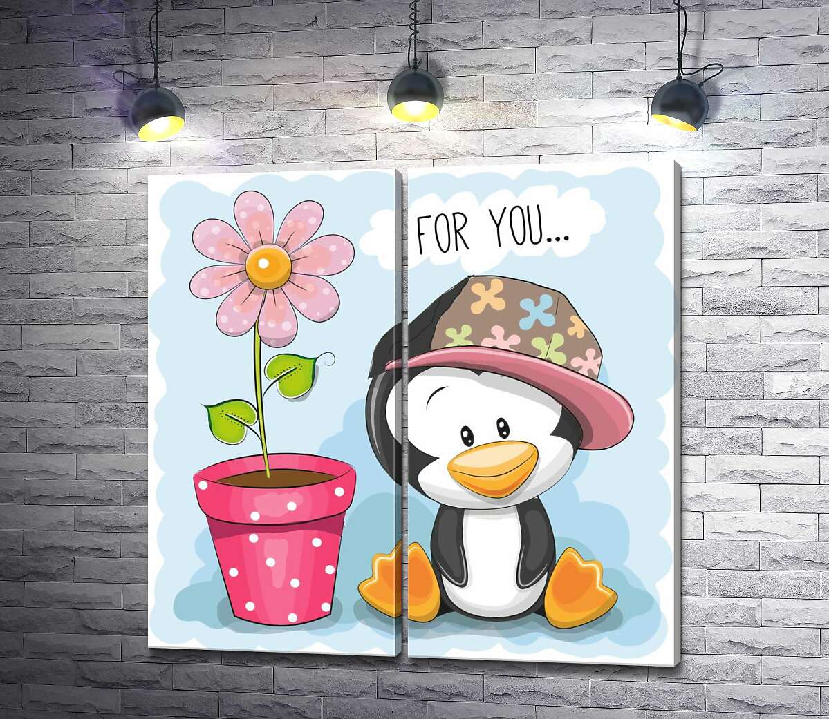 модульна картина Милий пінгвін дарує вазон із рожевою квіткою