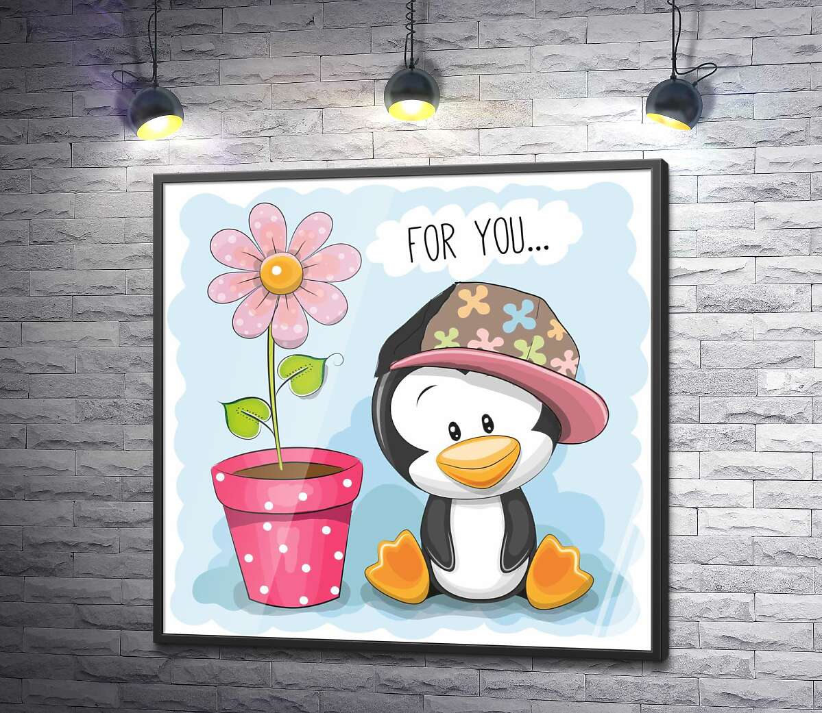 постер Милий пінгвін дарує вазон із рожевою квіткою