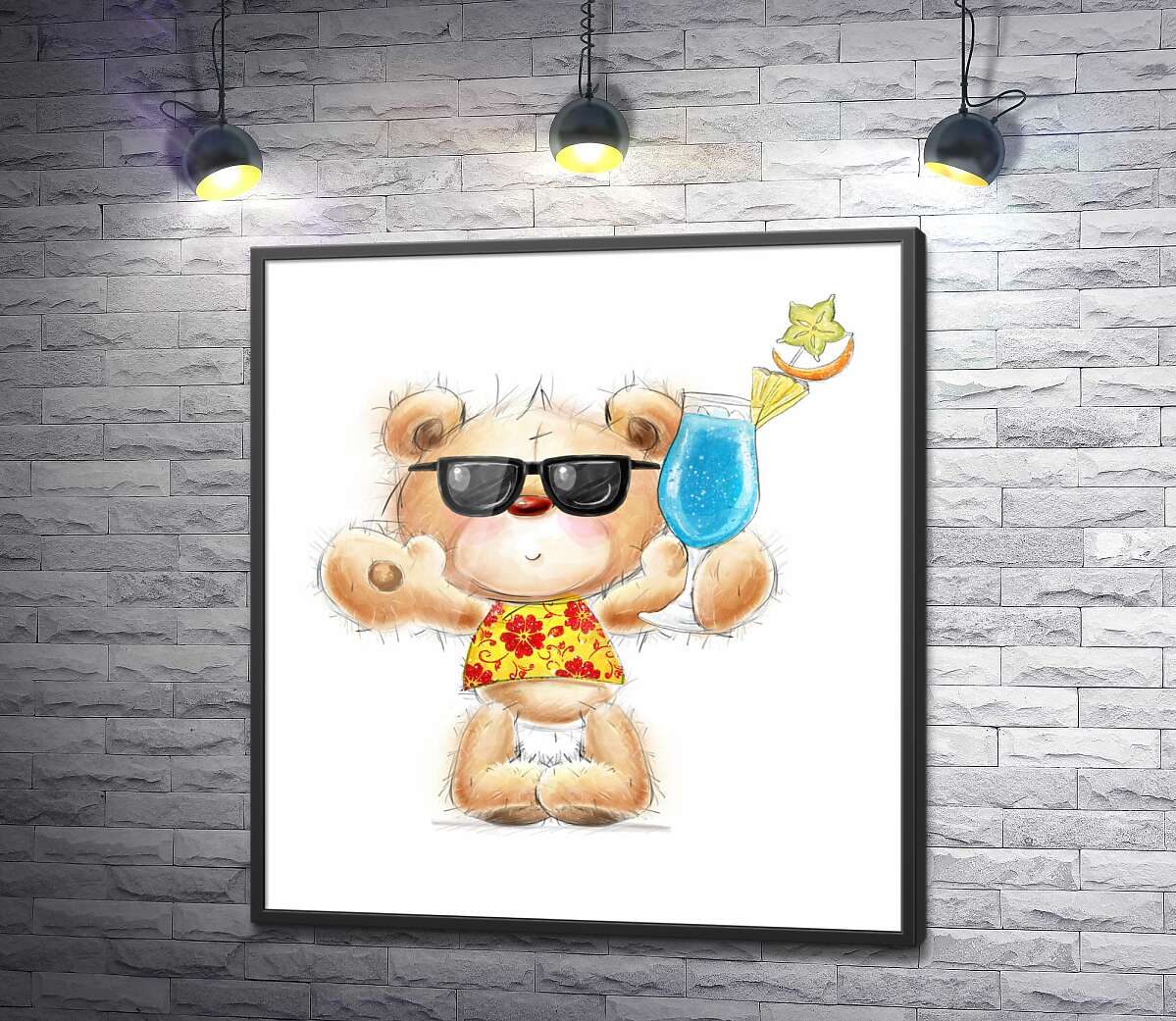 постер Ведмедик відпочиває на пляжі з коктейлем