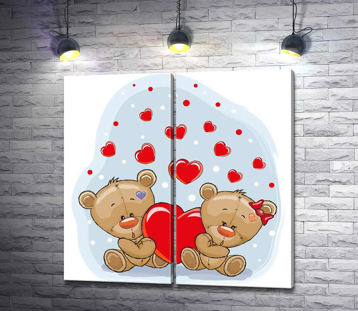 модульная картина Двое мишек держат красное сердце в лапках