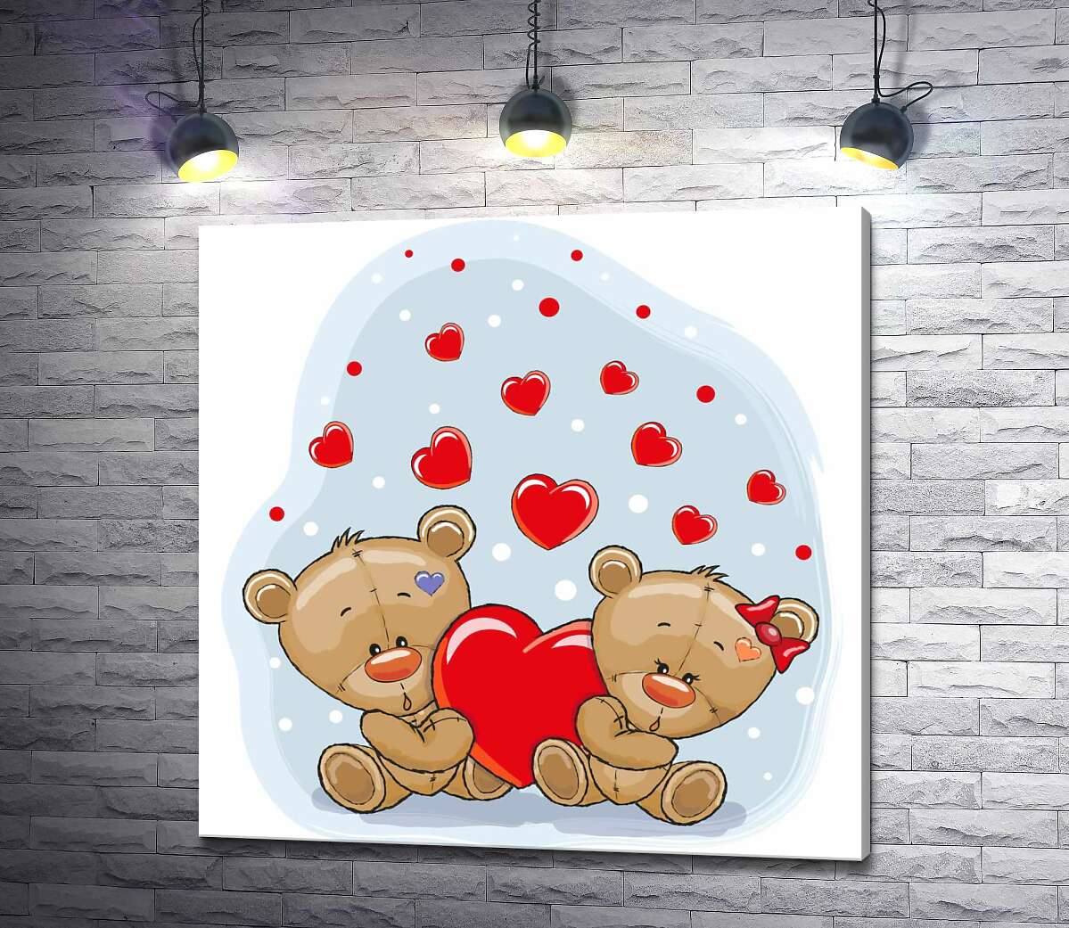 картина Двое мишек держат красное сердце в лапках