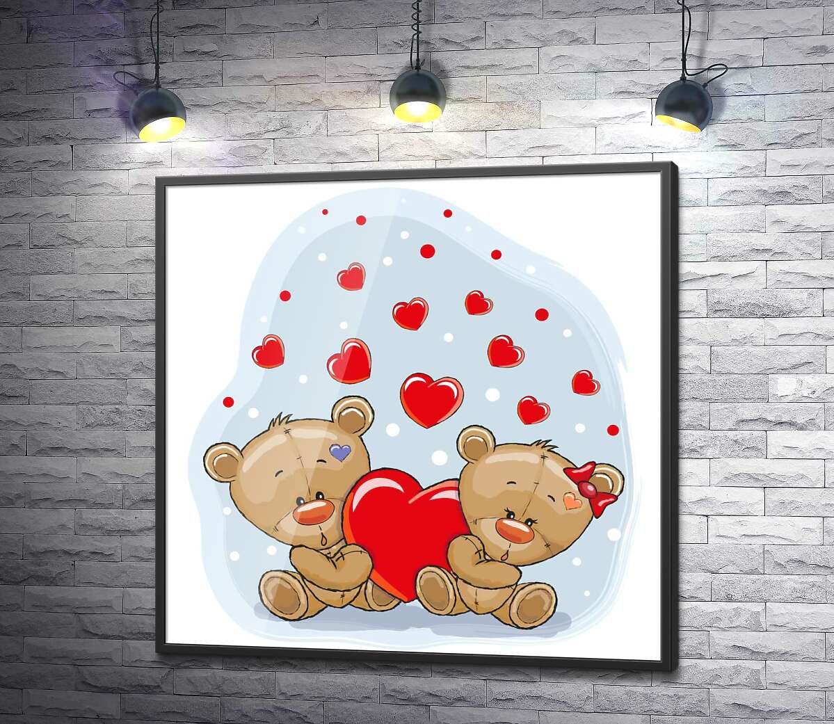 постер Двое мишек держат красное сердце в лапках