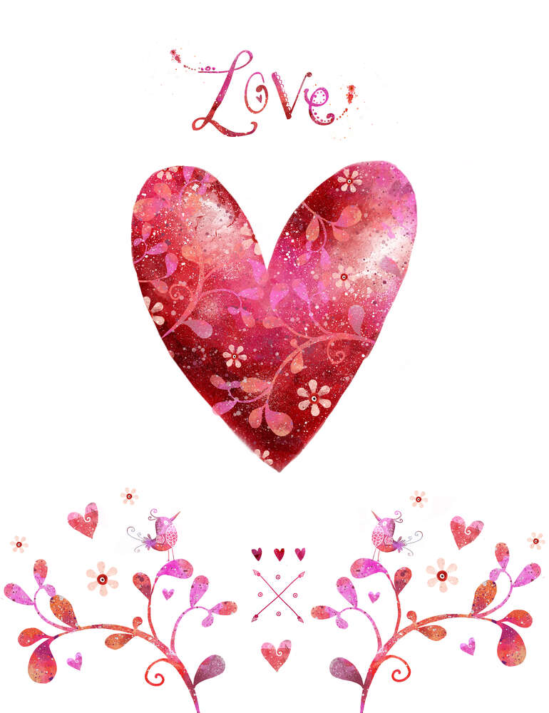 картина-постер Рожеве серце прикрашене квітковим візерунком