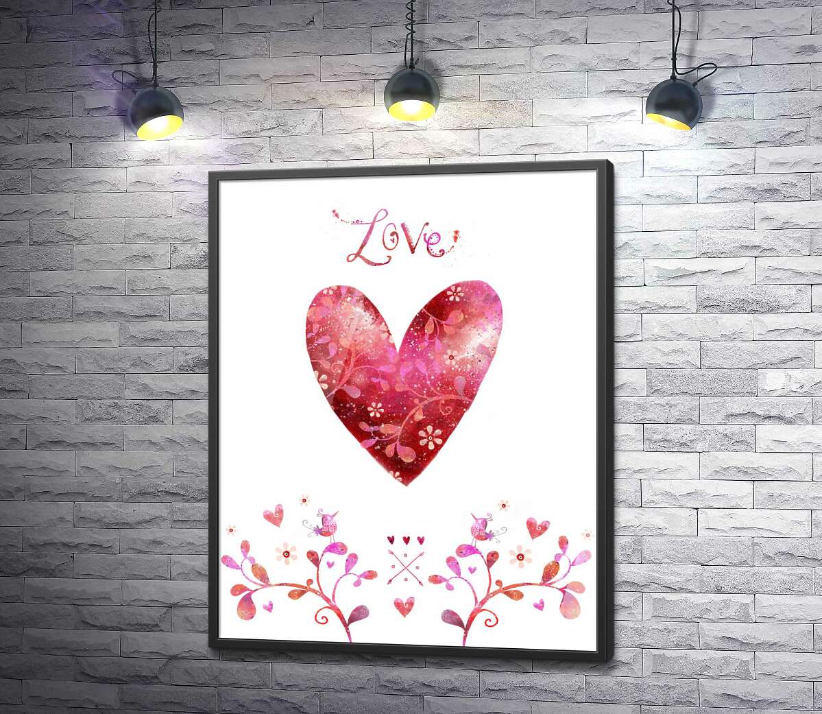 постер Рожеве серце прикрашене квітковим візерунком