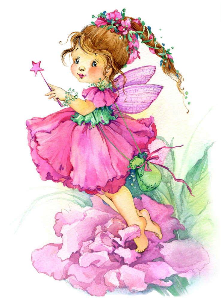 картина-постер Волшебная фея в розовом платье взлетает с пиона