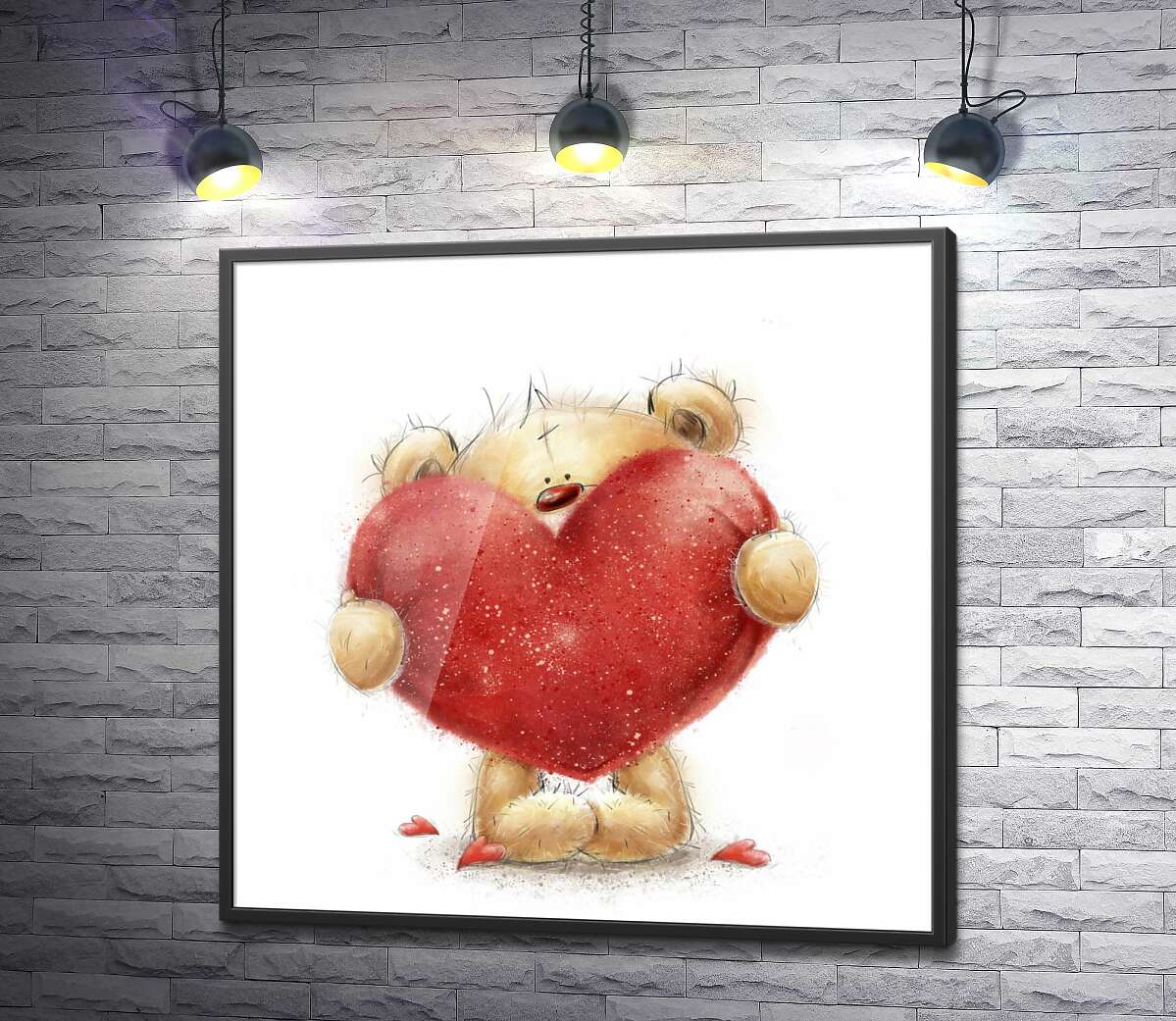 постер Красный нос мишки выглядывает из-за большого красного сердца