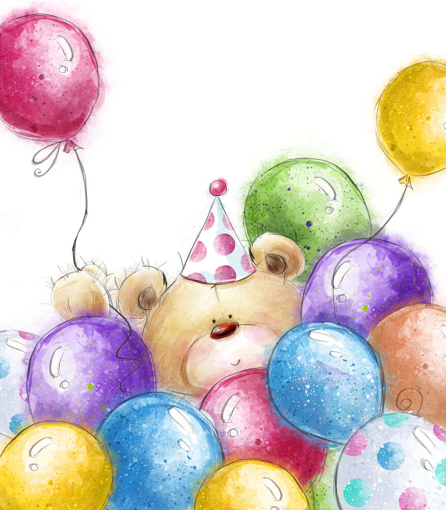 картина-постер Пухнаста голова ведмедика видніється серед кульок