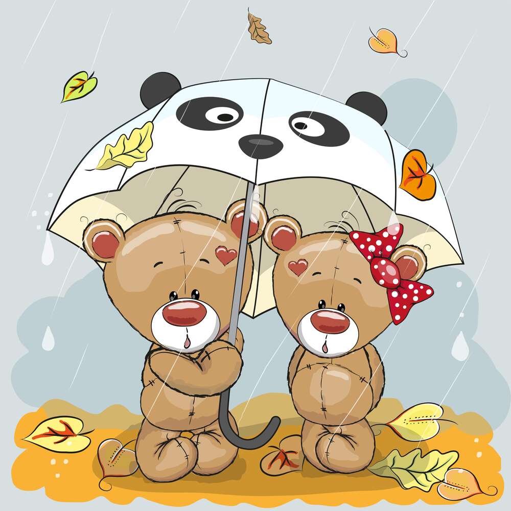 картина-постер Два мишки спасаются от осеннего дождя под зонтиком