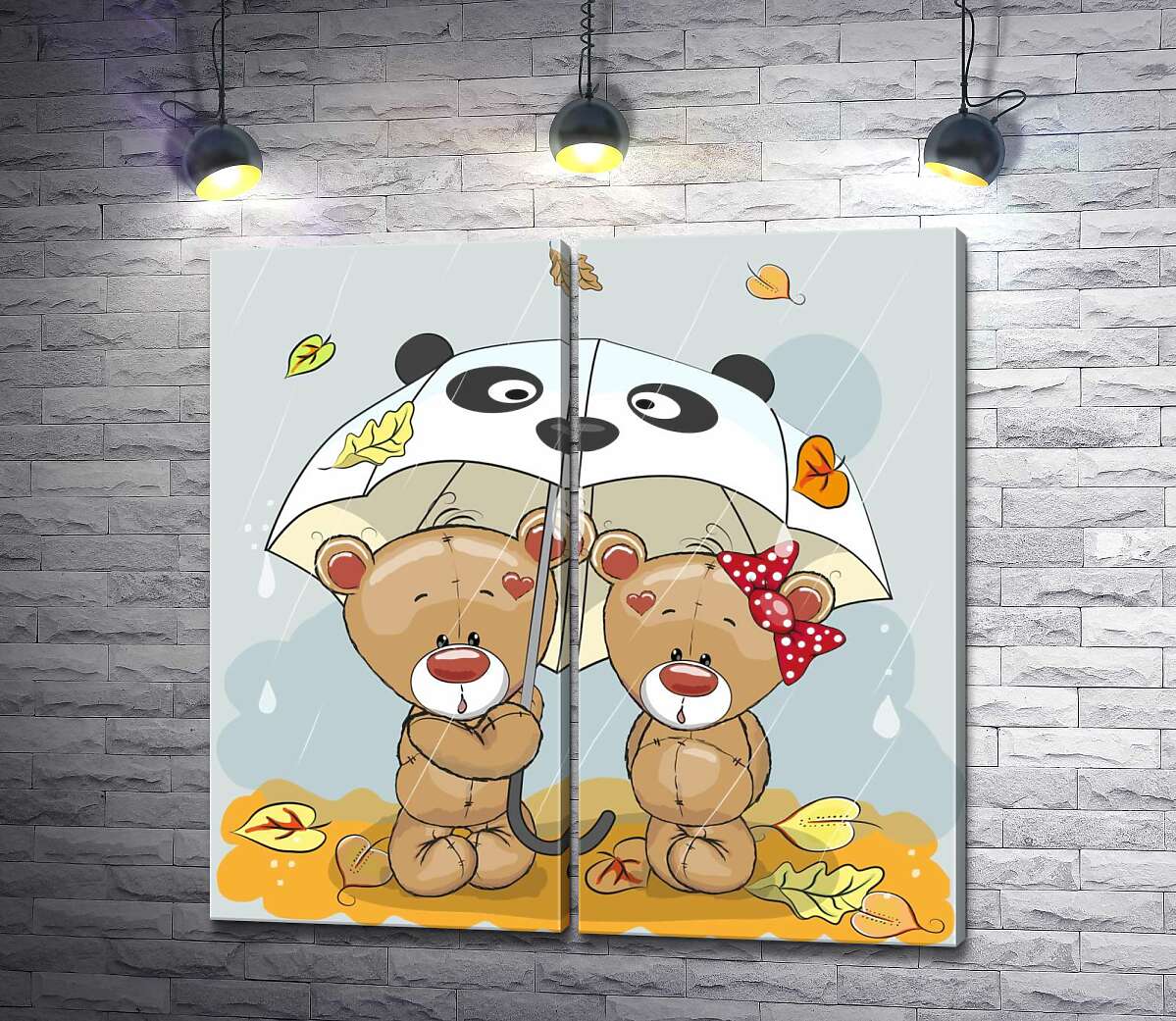 модульная картина Два мишки спасаются от осеннего дождя под зонтиком