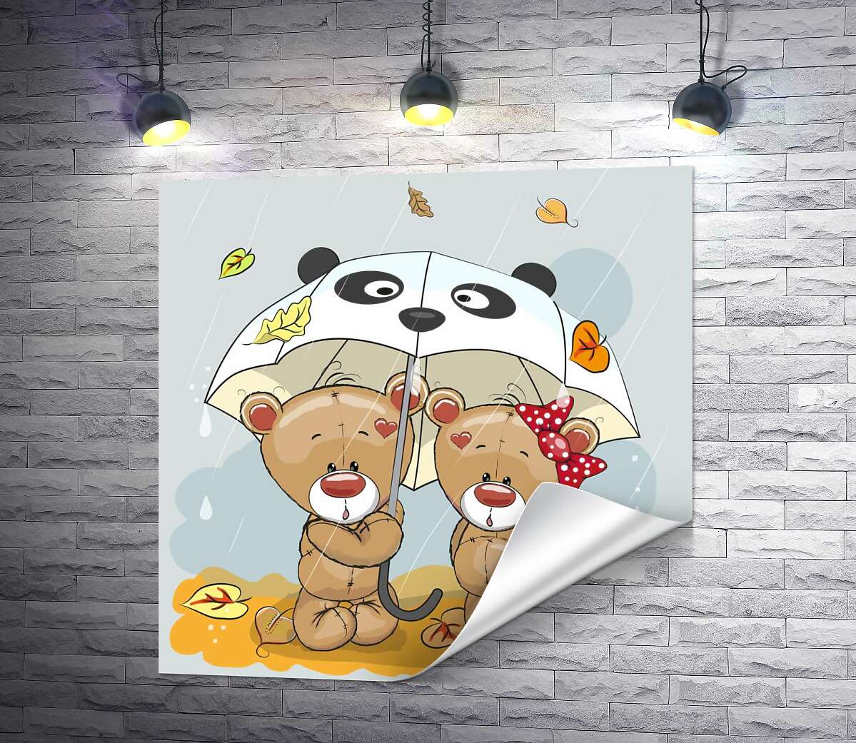 друк Два ведмедика рятуються від осіннього дощу під парасолькою