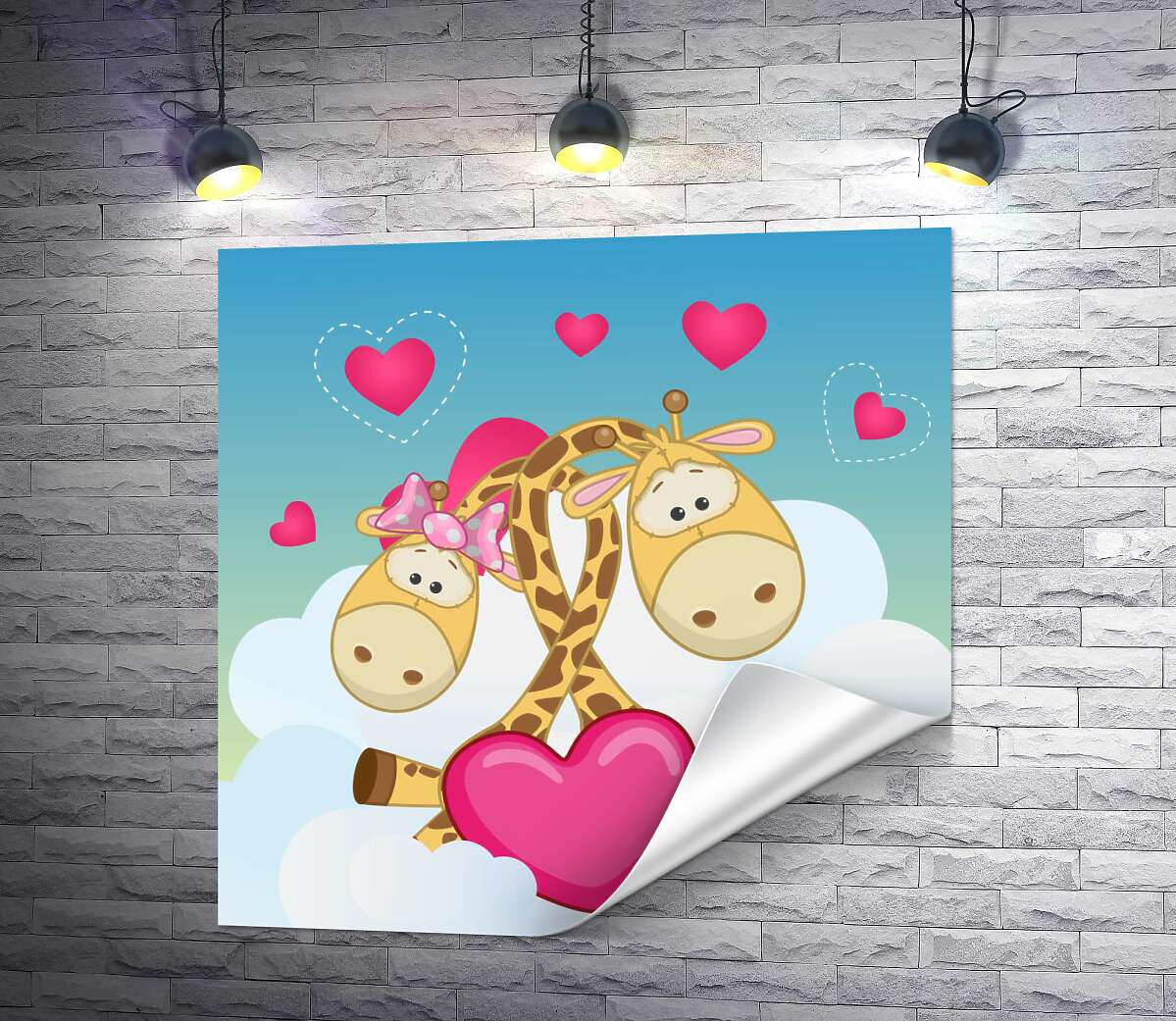 печать Влюбленные жирафы сидят на пушистом облачке