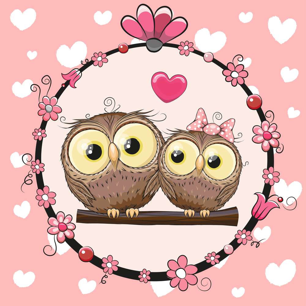 картина-постер Влюбленные совы в рамке, украшенной розовыми цветами
