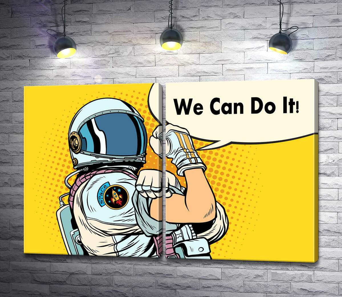 модульная картина Отважная космонавтка с фразой "We Can Do It!"