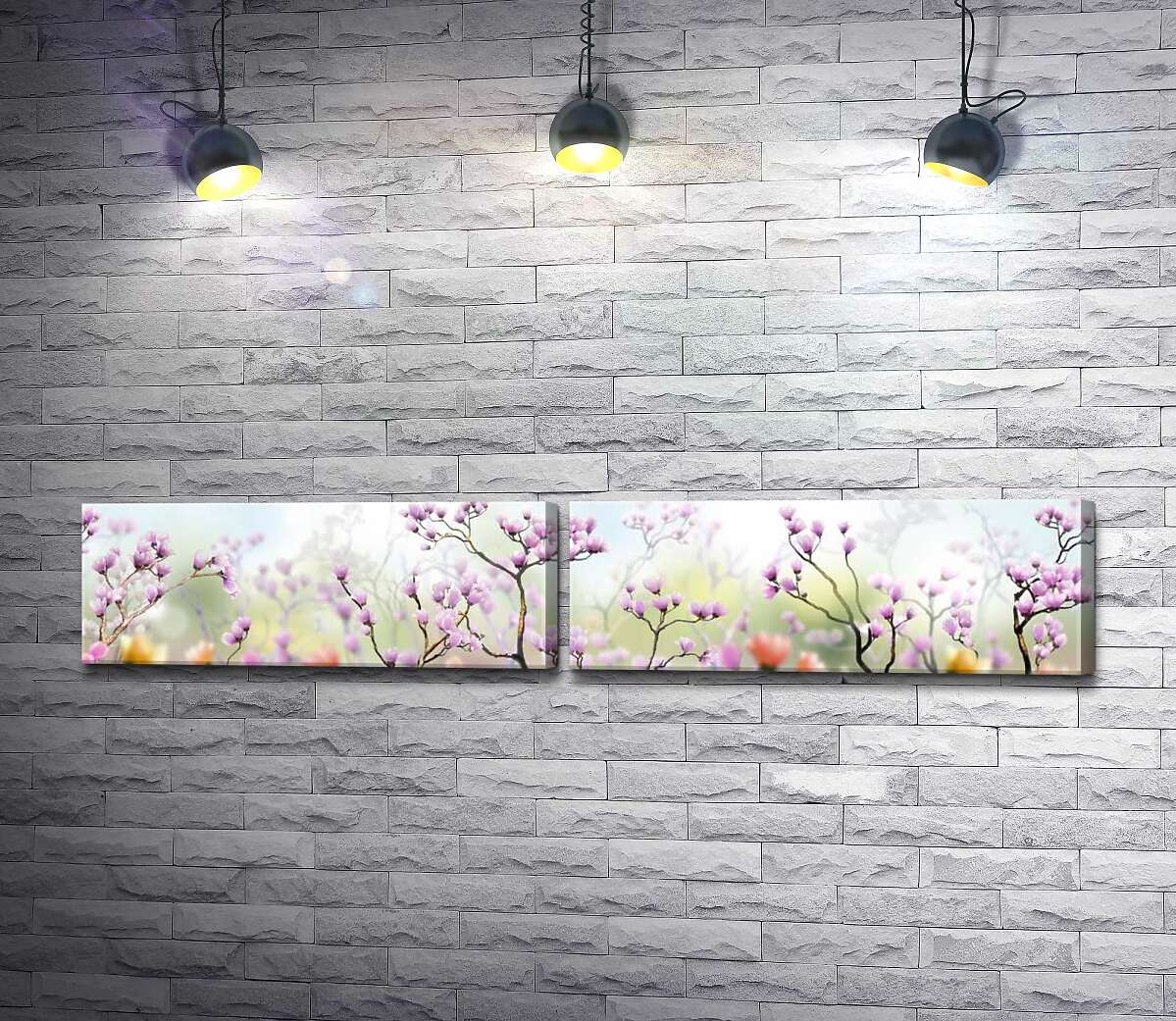 модульная картина Раскидистые веточки, украшенные фиолетовыми цветами
