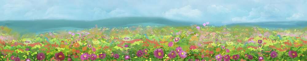 картина-постер Цветущее поле окружено холмами
