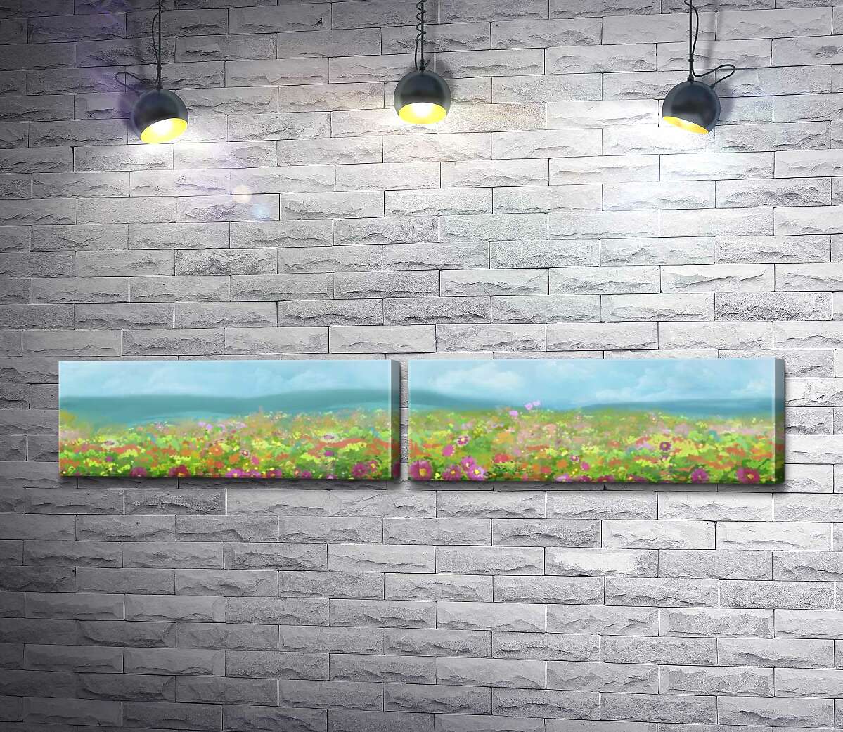 модульная картина Цветущее поле окружено холмами