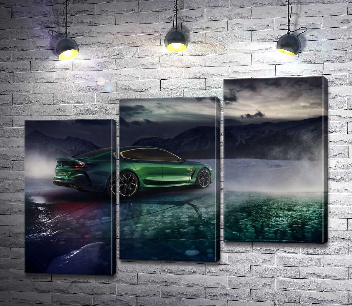 модульна картина Зелений автомобіль BMW M8 Gran Coupe дрифтує по темному льоду озера (Модуль №14)
