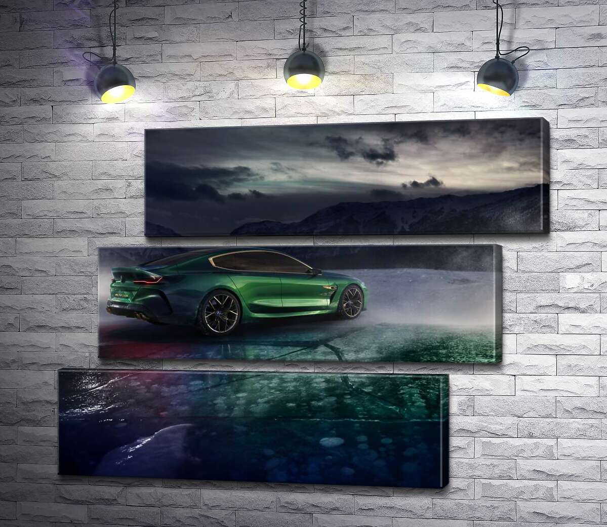 модульна картина Зелений автомобіль BMW M8 Gran Coupe дрифтує по темному льоду озера (Модуль №17)