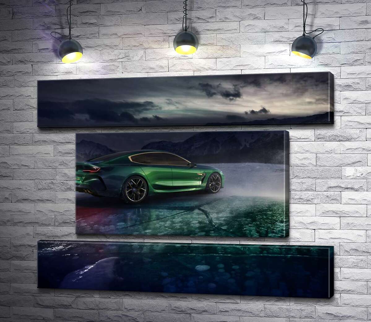 модульна картина Зелений автомобіль BMW M8 Gran Coupe дрифтує по темному льоду озера (Модуль №18)