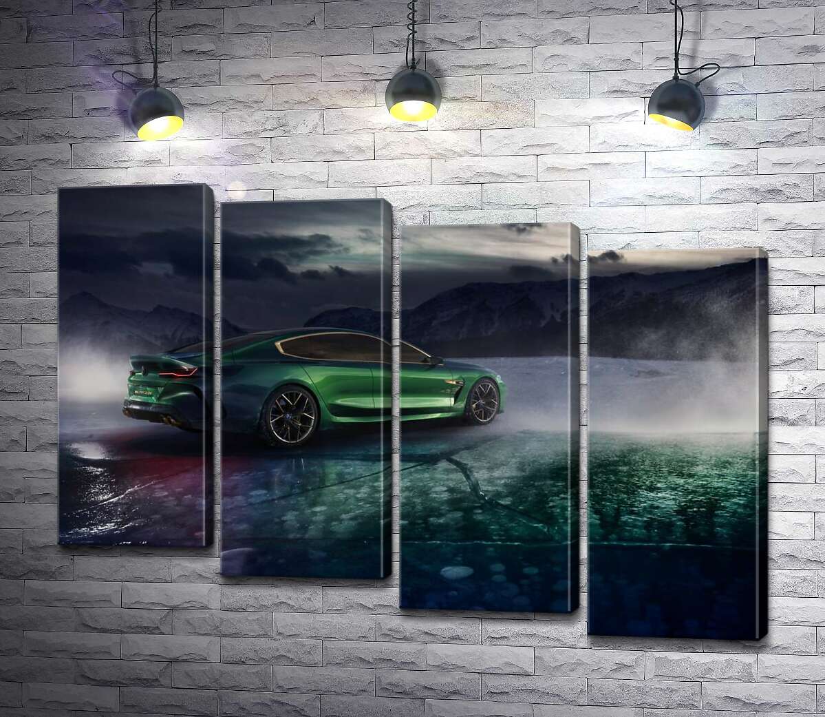 модульная картина Зеленый автомобиль BMW M8 Gran Coupe дрифтует по темному льду озера (Модуль №19)