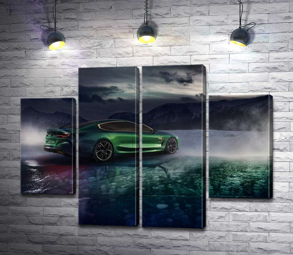 модульная картина Зеленый автомобиль BMW M8 Gran Coupe дрифтует по темному льду озера (Модуль №20)