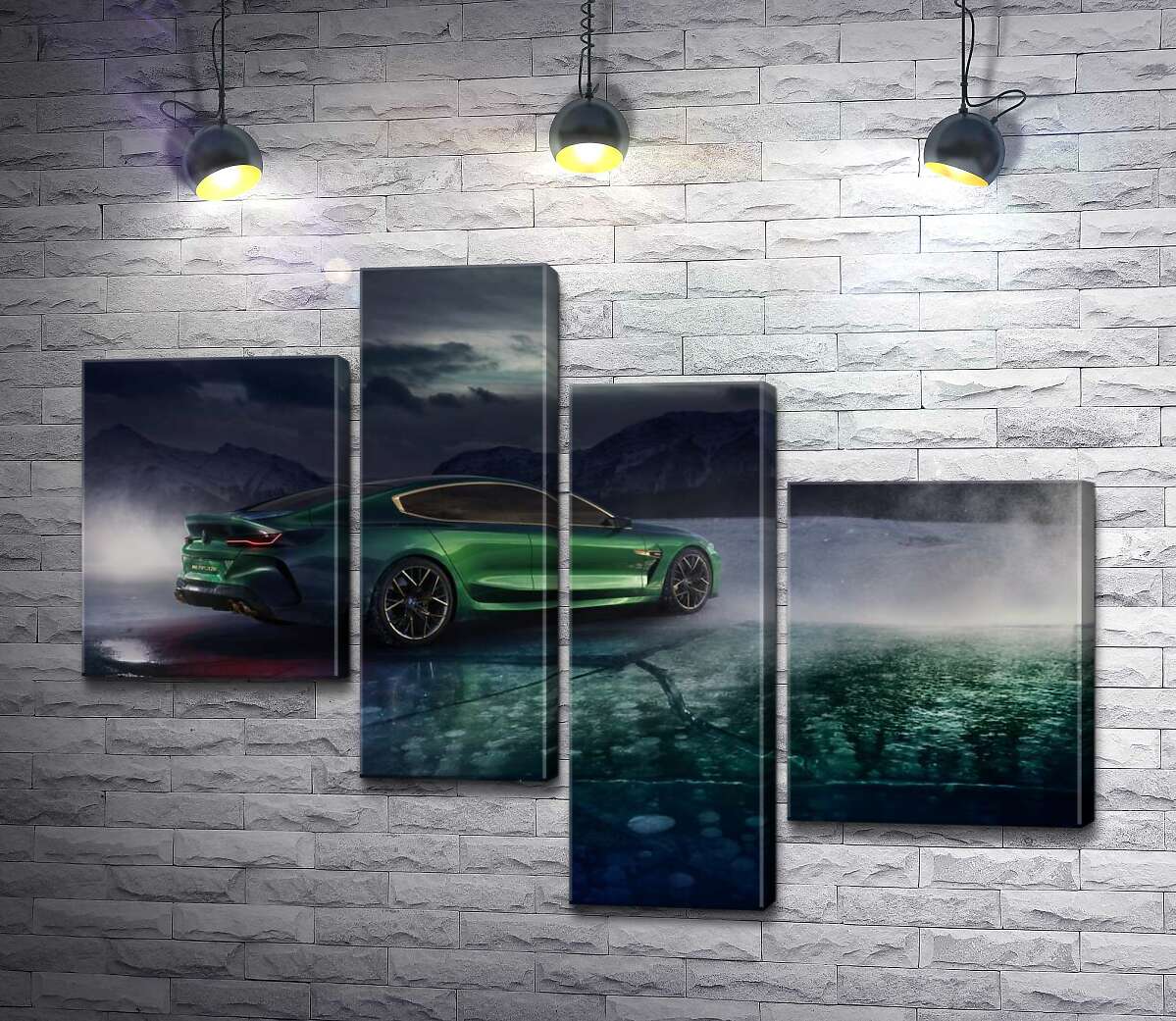 модульна картина Зелений автомобіль BMW M8 Gran Coupe дрифтує по темному льоду озера (Модуль №21)