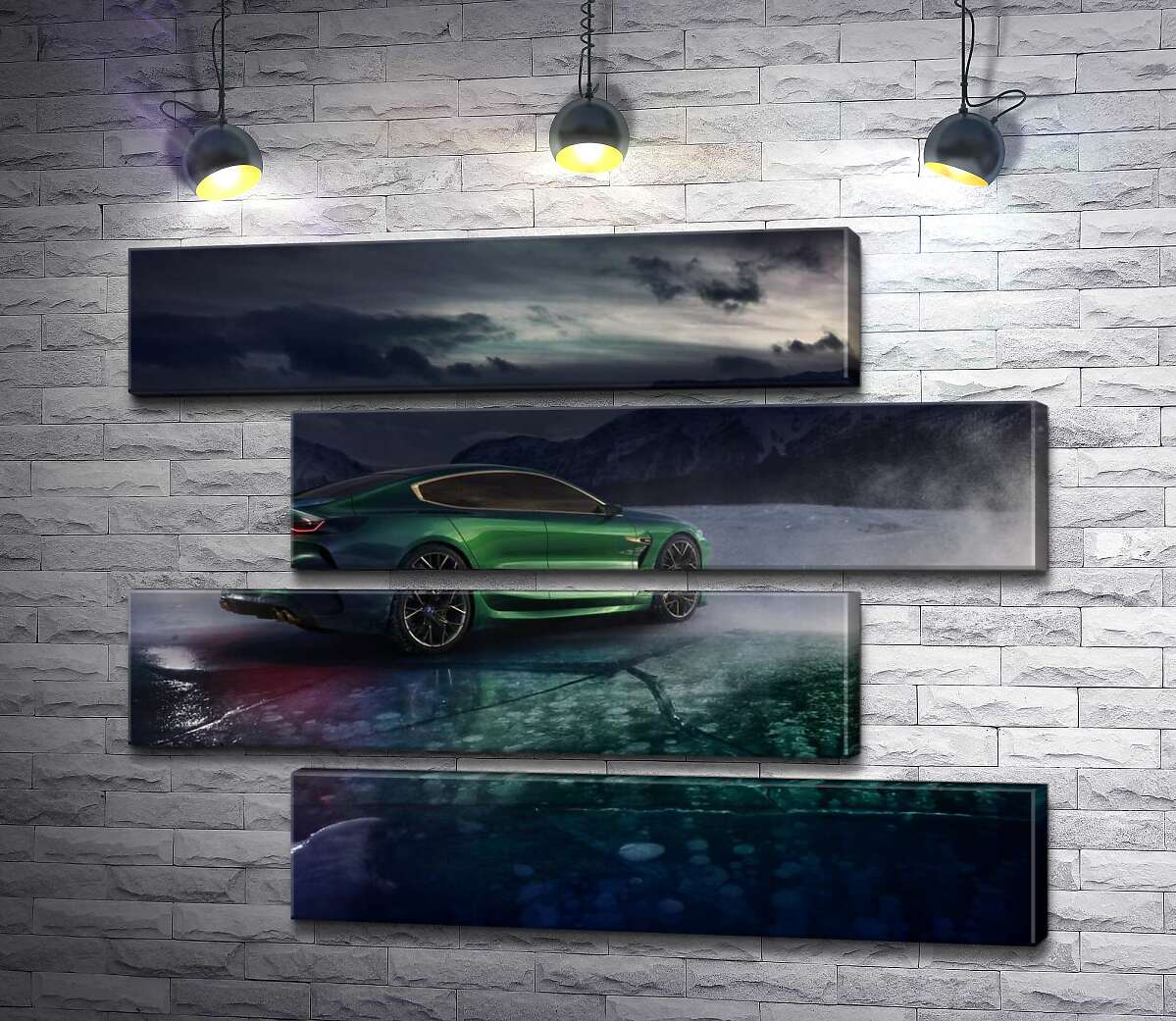 модульна картина Зелений автомобіль BMW M8 Gran Coupe дрифтує по темному льоду озера (Модуль №23)
