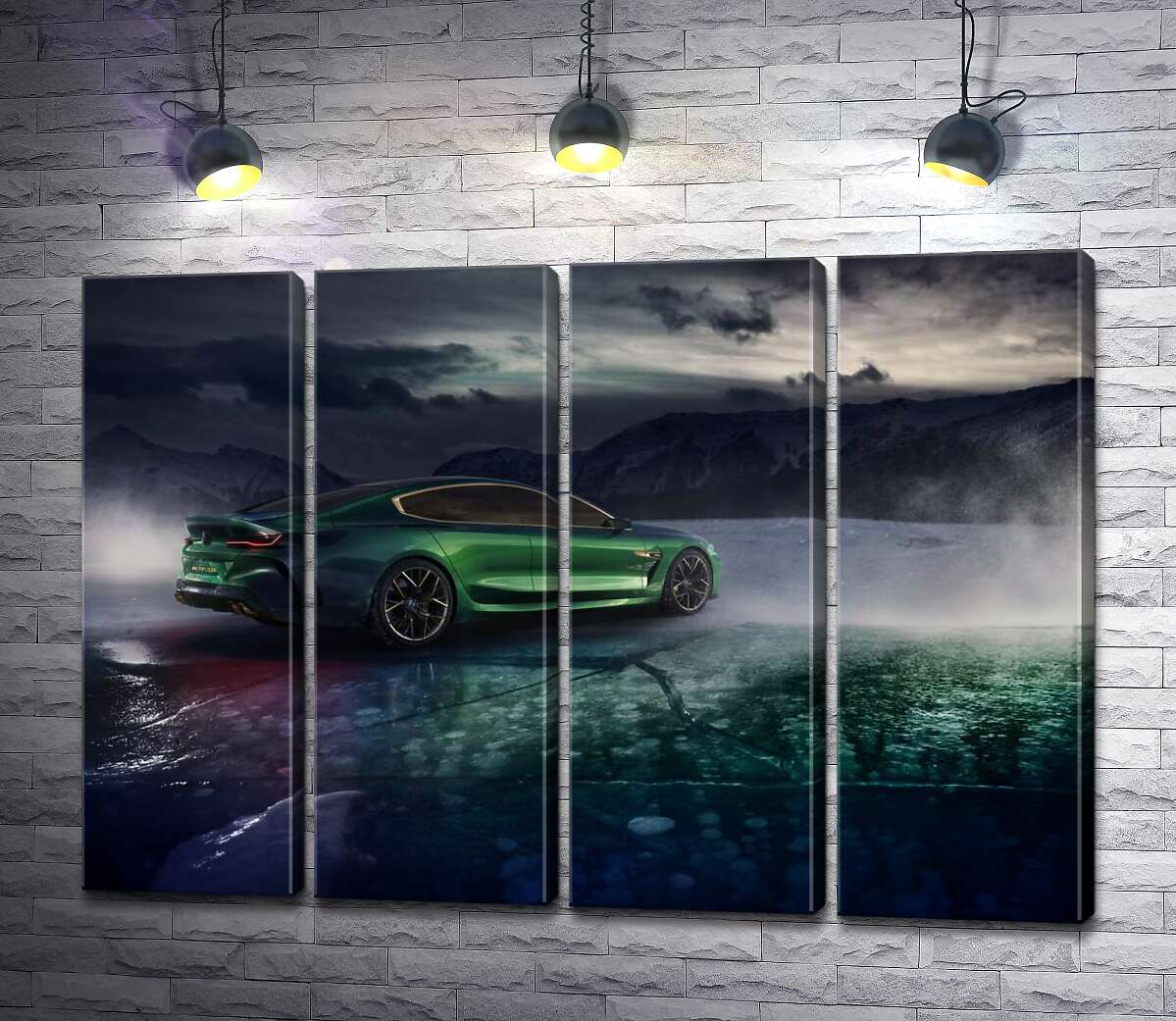 модульная картина Зеленый автомобиль BMW M8 Gran Coupe дрифтует по темному льду озера (Модуль №24)