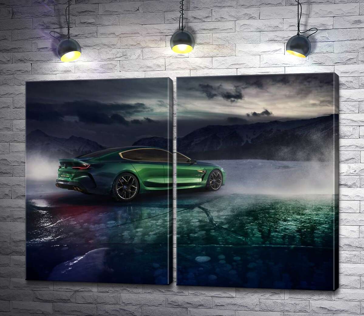 модульная картина Зеленый автомобиль BMW M8 Gran Coupe дрифтует по темному льду озера