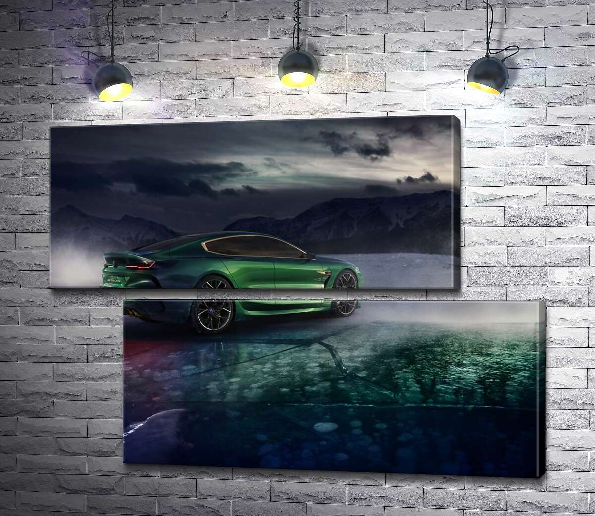 модульная картина Зеленый автомобиль BMW M8 Gran Coupe дрифтует по темному льду озера (Модуль №8)