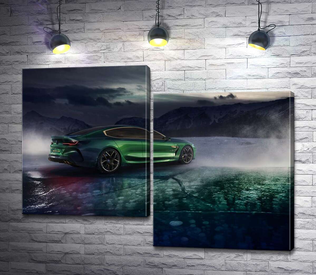 модульна картина Зелений автомобіль BMW M8 Gran Coupe дрифтує по темному льоду озера (Модуль №9)