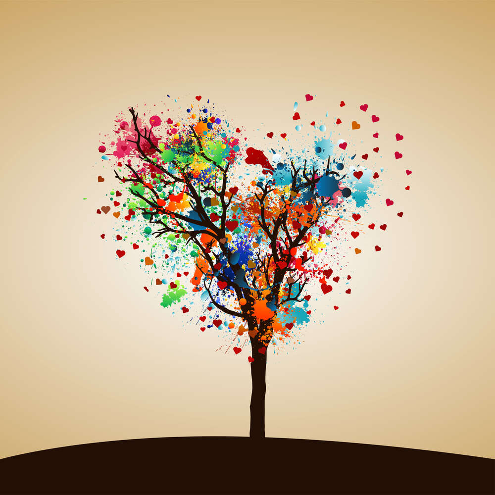 картина-постер Маленькие сердечки летают над деревом любви