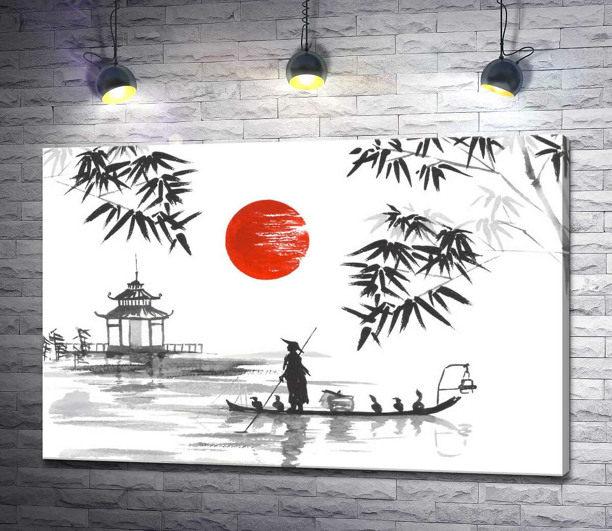 картина Японский рыбак плывет в лодке по живописному озеру