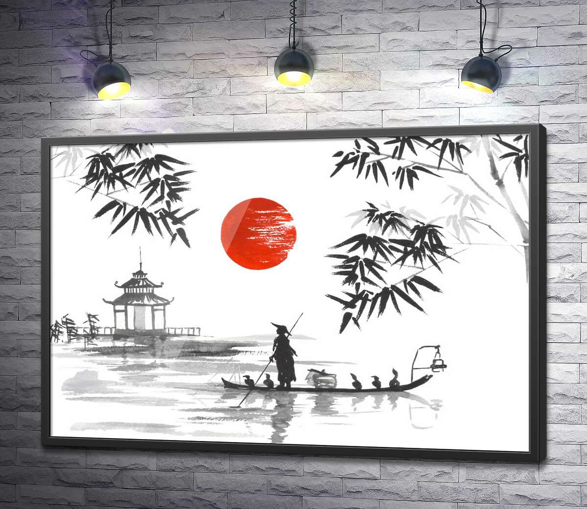 постер Японський рибалка пливе у човні по мальовничому озеру
