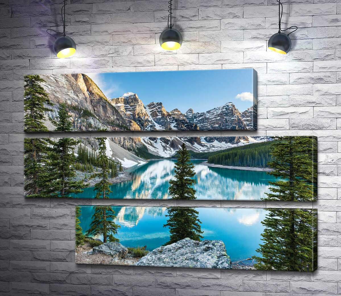 модульная картина Стройные елки на скалистом берегу озера Морейн (Moraine Lake) (Модуль №16)