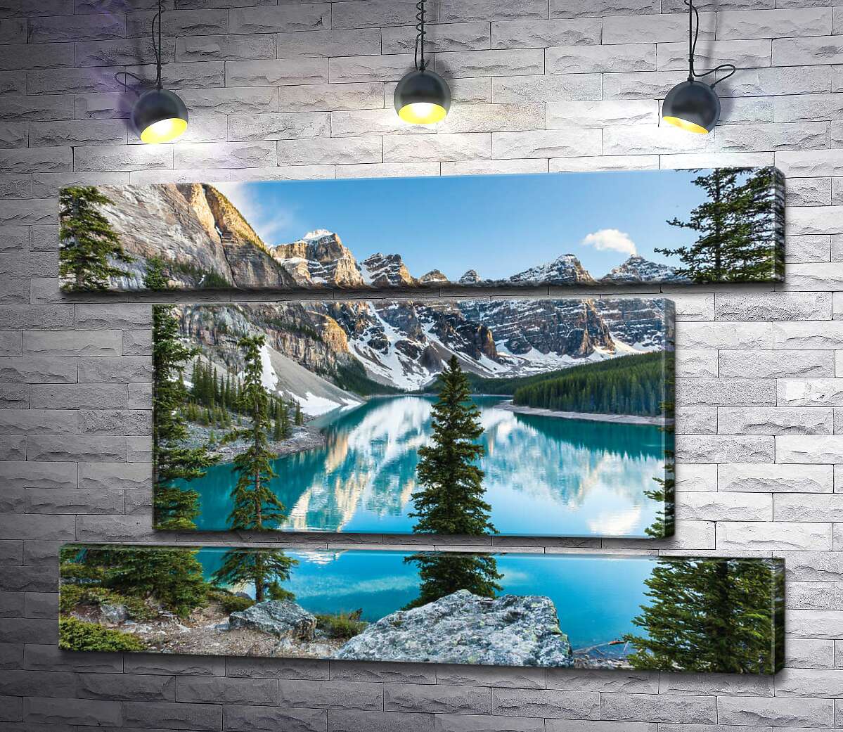 модульная картина Стройные елки на скалистом берегу озера Морейн (Moraine Lake) (Модуль №18)