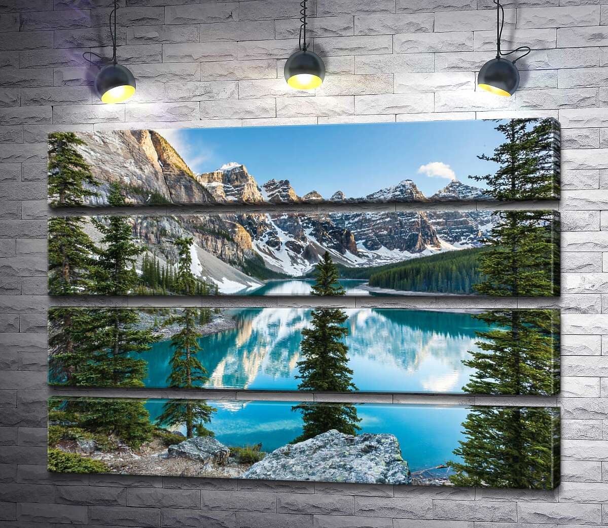 модульна картина Стрункі ялинки на скелястому березі озера Морейн (Moraine Lake) (Модуль №22)