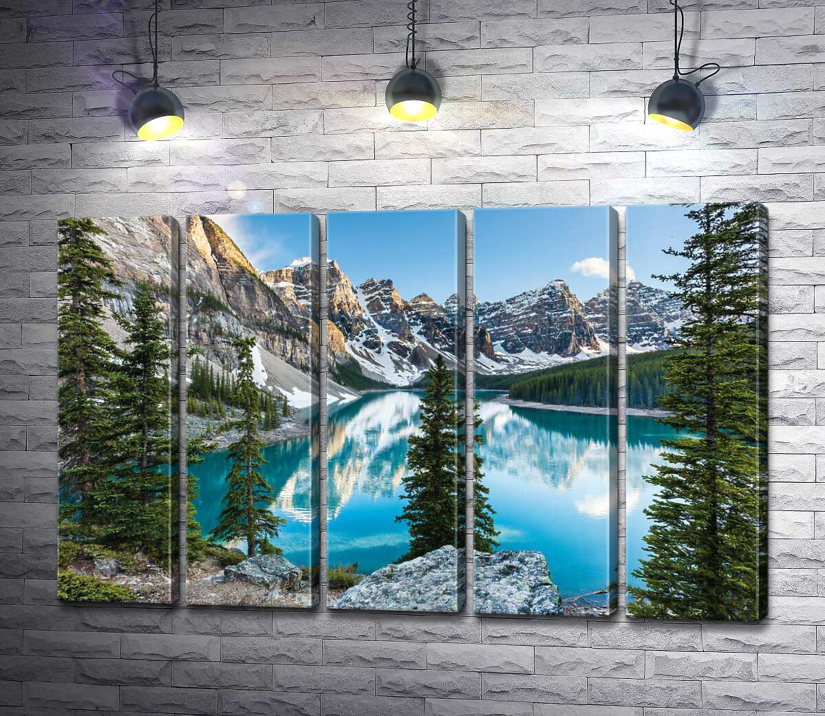 модульна картина Стрункі ялинки на скелястому березі озера Морейн (Moraine Lake) (Модуль №26)