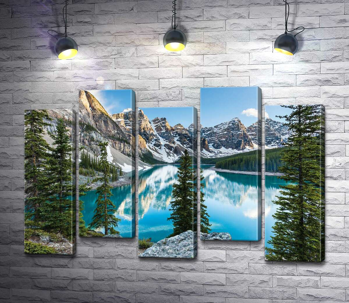 модульная картина Стройные елки на скалистом берегу озера Морейн (Moraine Lake) (Модуль №30)