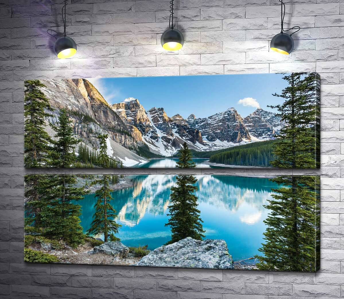 модульна картина Стрункі ялинки на скелястому березі озера Морейн (Moraine Lake) (Модуль №7)
