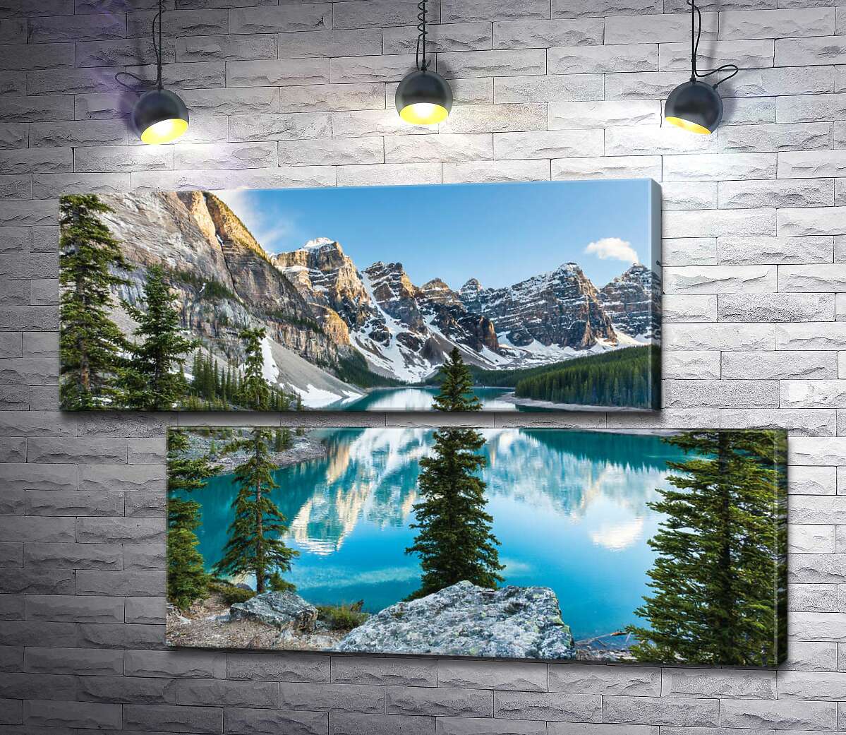 модульна картина Стрункі ялинки на скелястому березі озера Морейн (Moraine Lake) (Модуль №8)