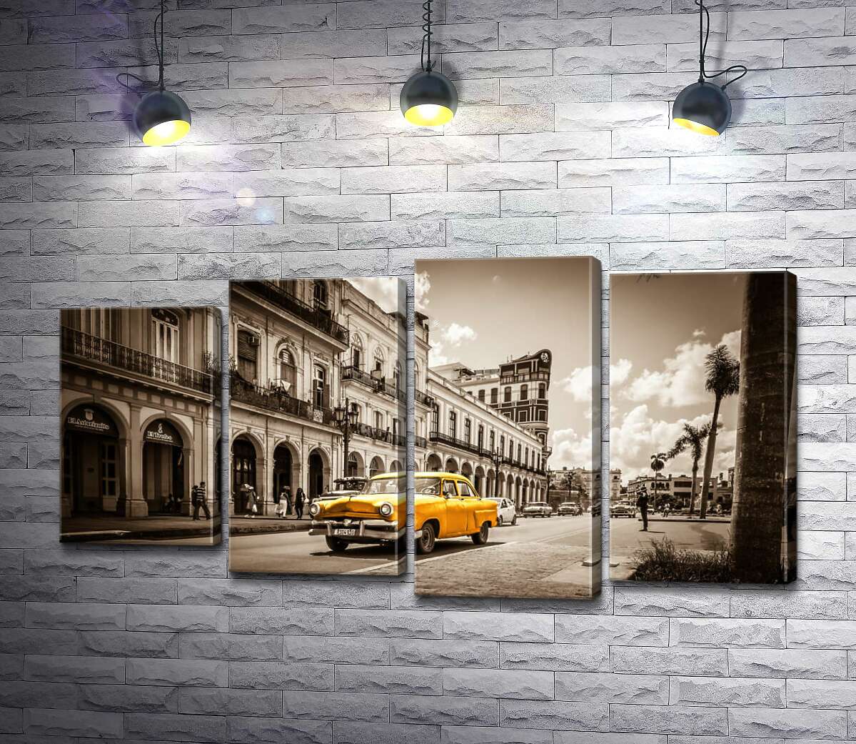 модульна картина Жовтий ретро-автомобіль Ford Customline на вулиці старого міста (Модуль №3)