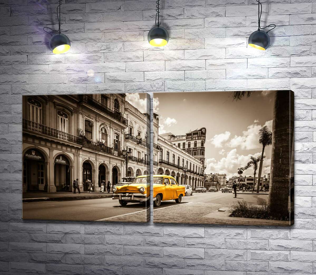 модульная картина Желтый ретро-автомобиль Ford Customline на улице старого города
