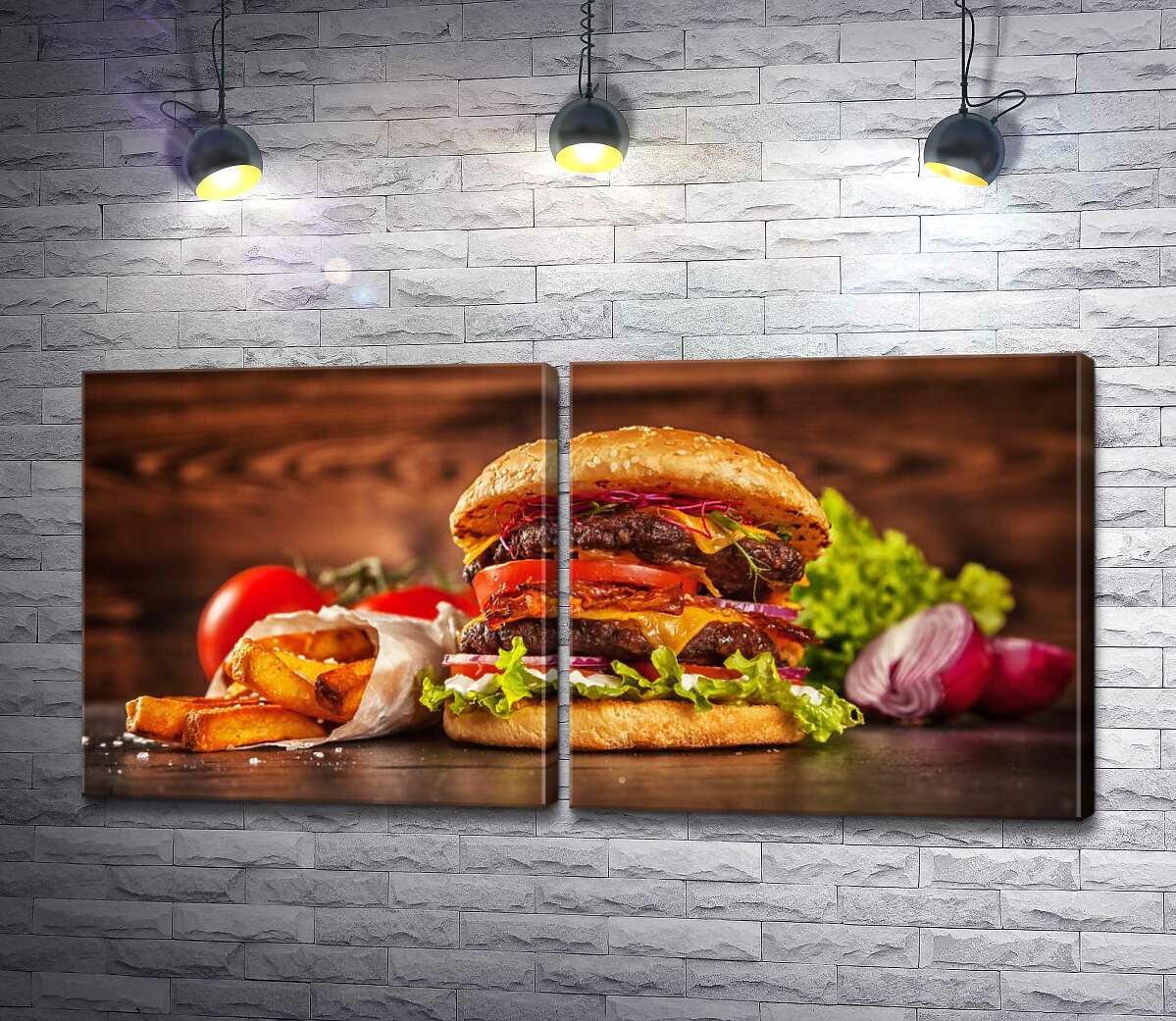 модульная картина Сочный гамбургер с двойной котлетой