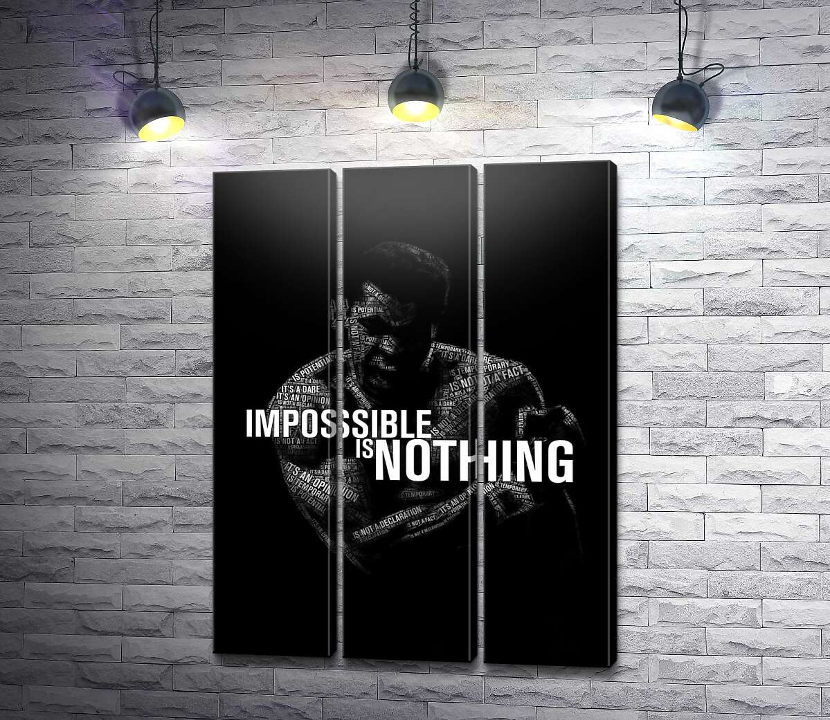 модульная картина Силуэт Мухаммеда Али (Muhammad Ali) с фразой "impossible is nothing" (Модуль №2)
