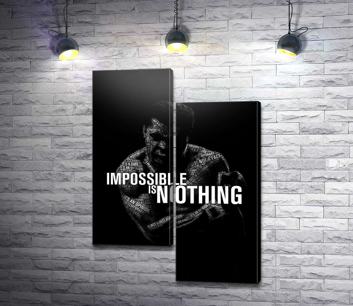 модульная картина Силуэт Мухаммеда Али (Muhammad Ali) с фразой "impossible is nothing" (Модуль №9)