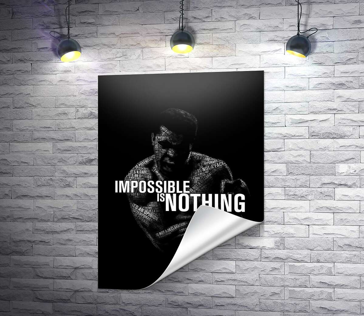 друк Силует Мухаммеда Алі (Muhammad Ali) з фразою "impossible is nothing"
