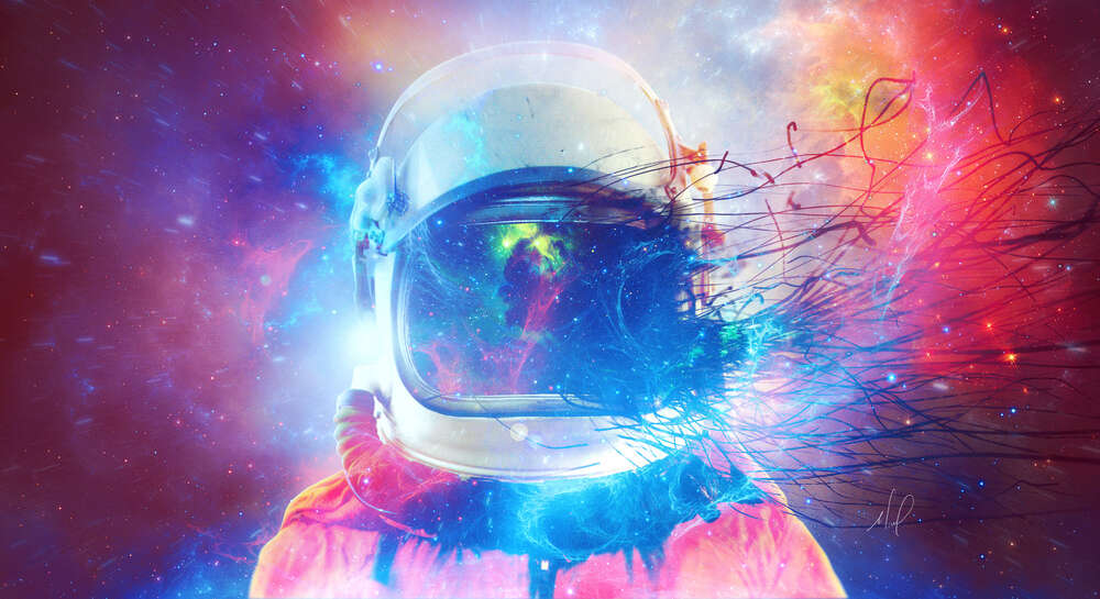 картина-постер Шлем космонавта растворяется в межпланетном пространстве